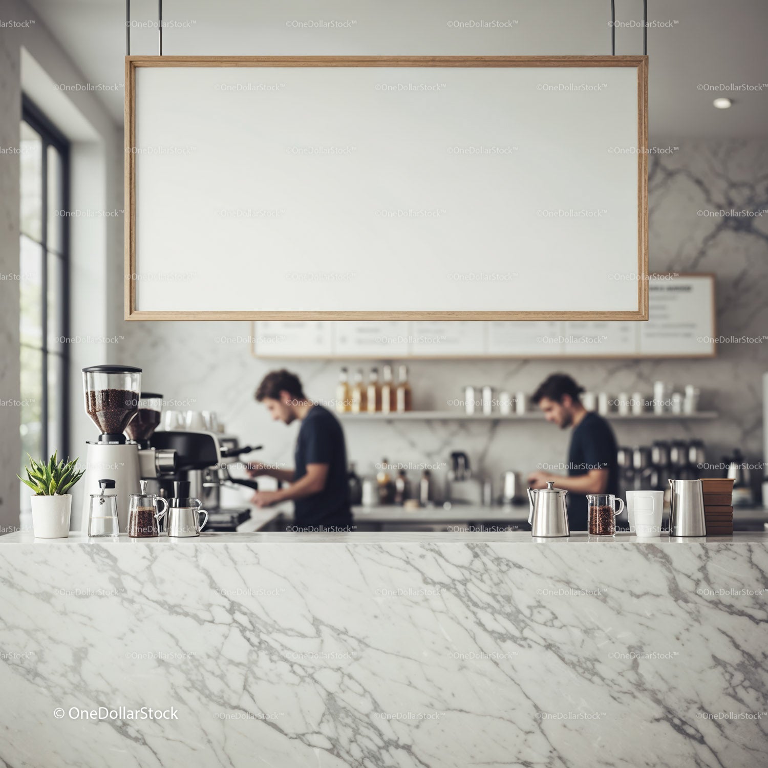 Barista preparing coffee in modern marble cafe interior