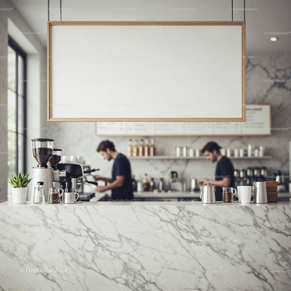 Barista preparing coffee in modern marble cafe interior JPG Mockup Image