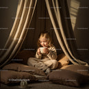 Toddler enjoying warm drink in cozy indoor tent setting