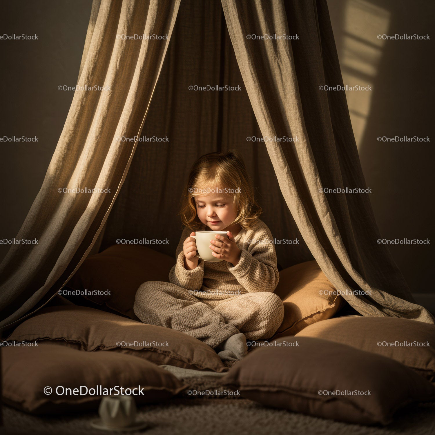 Toddler enjoying warm drink in cozy indoor tent setting