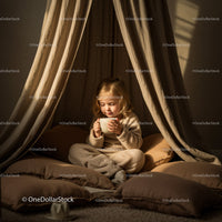 Toddler enjoying warm drink in cozy indoor tent setting