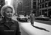 Elderly Businesswoman Walking Across City Street in Black and White
