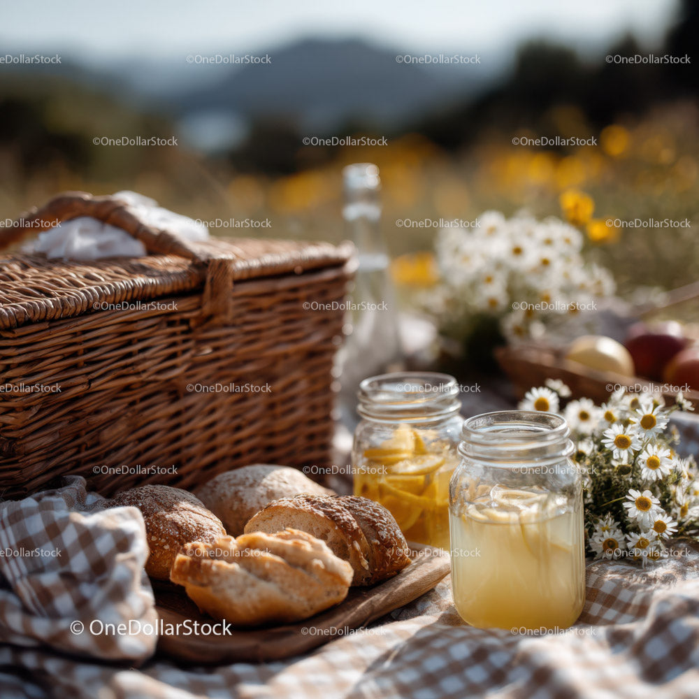 Summer Picnic Scene with Fresh Bread Flowers and Jars in Natural Setting