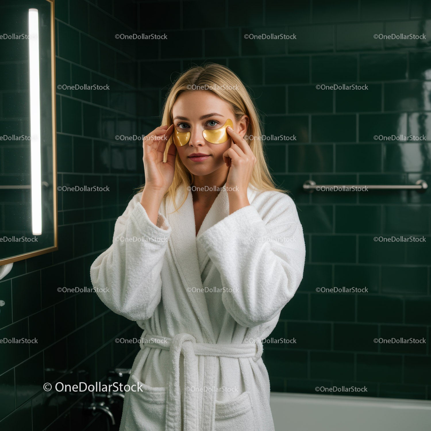 Luxury Spa Woman Applying Gold Eye Patches for Skin Rejuvenation