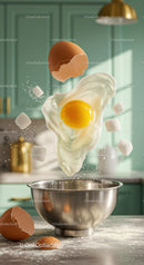 Fresh egg and sugar cubes flying into mixing bowl