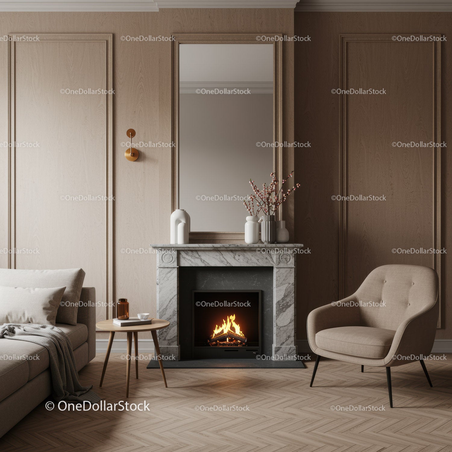 Elegancki, minimalistyczny salon z marmurowym kominkiem i przytulną atmosferą