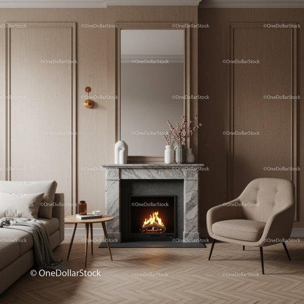 Elegancki minimalistyczny salon z marmurowym kominkiem i przytulną atmosferą