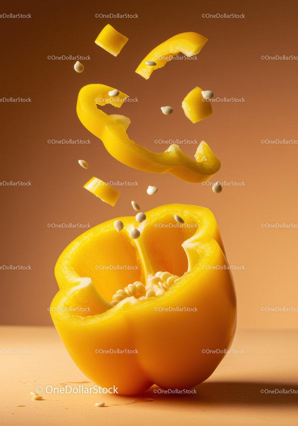 Fresh yellow bell pepper slices with seeds in midair