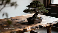 Miniature bonsai tree on rustic wooden table indoors