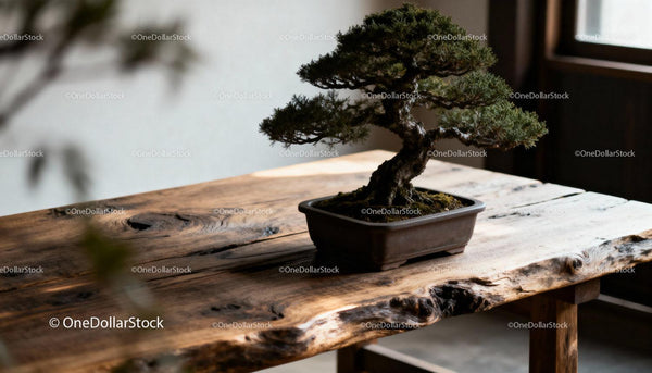 Miniaturowe drzewko bonsai na rustykalnym drewnianym stole w pomieszczeniu