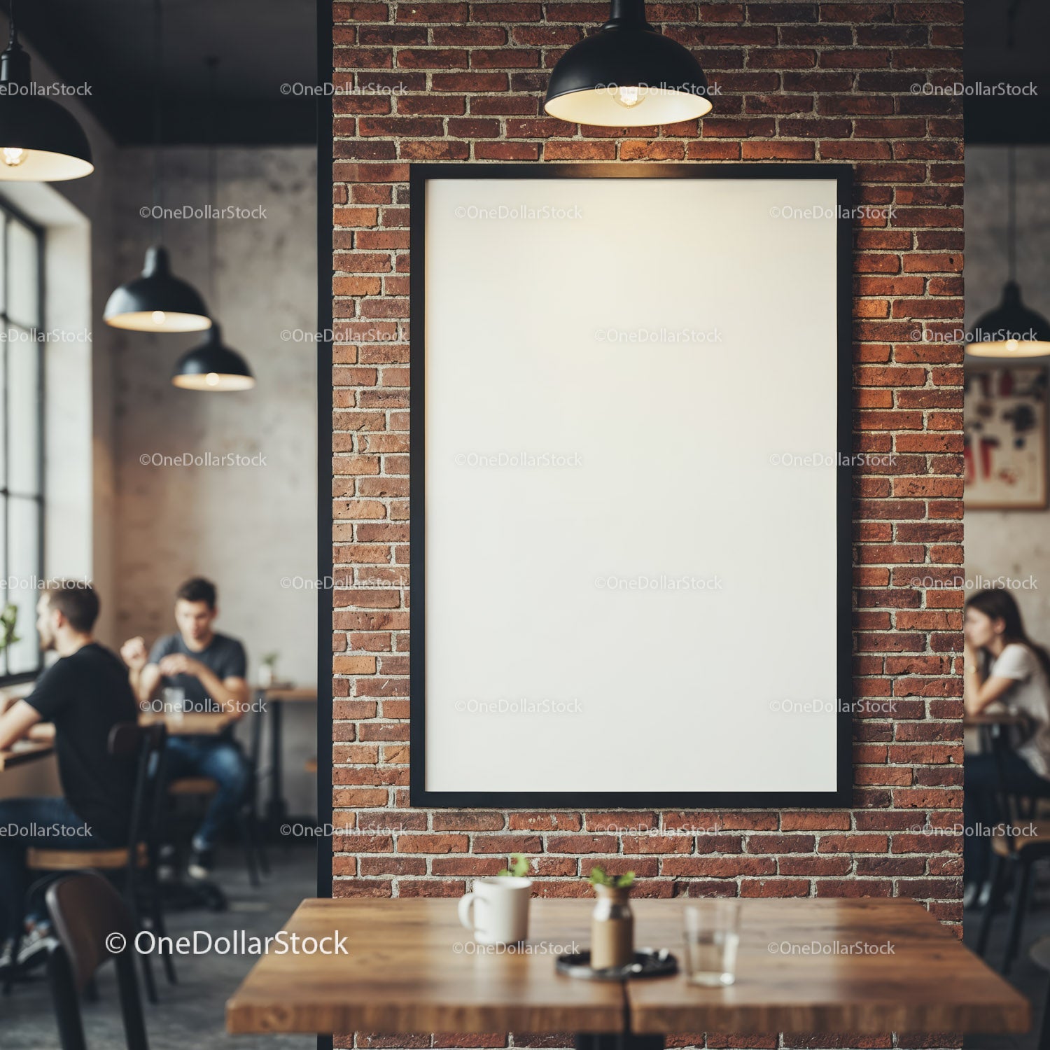 Blank poster on exposed brick wall in cozy cafe interior