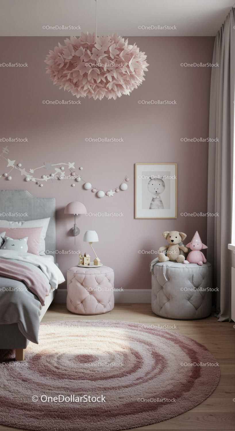 Cute Children Bedroom with Pink Wall Decor and Plush Toys