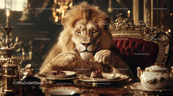 Regal Lion Sitting At Ornate Dining Table