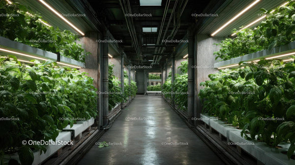 Indoor Greenhouse with Lush Green Plants and Modern Lighting