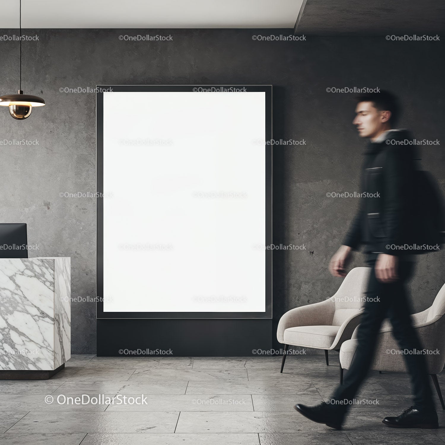 Modern lobby interior with blank vertical poster frame