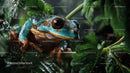 Green Frog in Lush Rainforest with Water Droplets