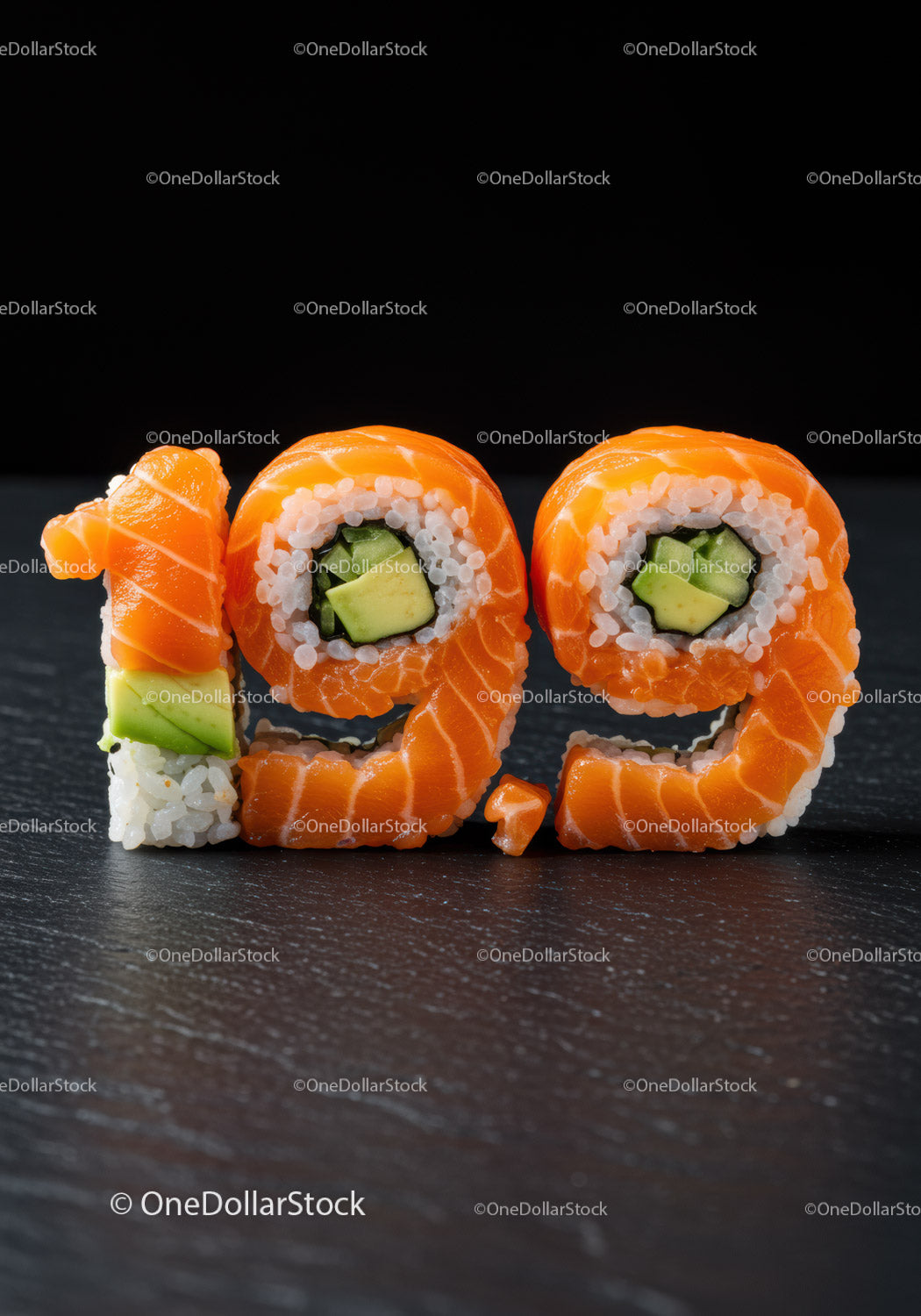 Kreatywne rolki sushi w kształcie numeru 199 na czarnym tle
