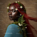 Elegant Portrait of a Woman with Flowing Red Hair and Botanical Accessories