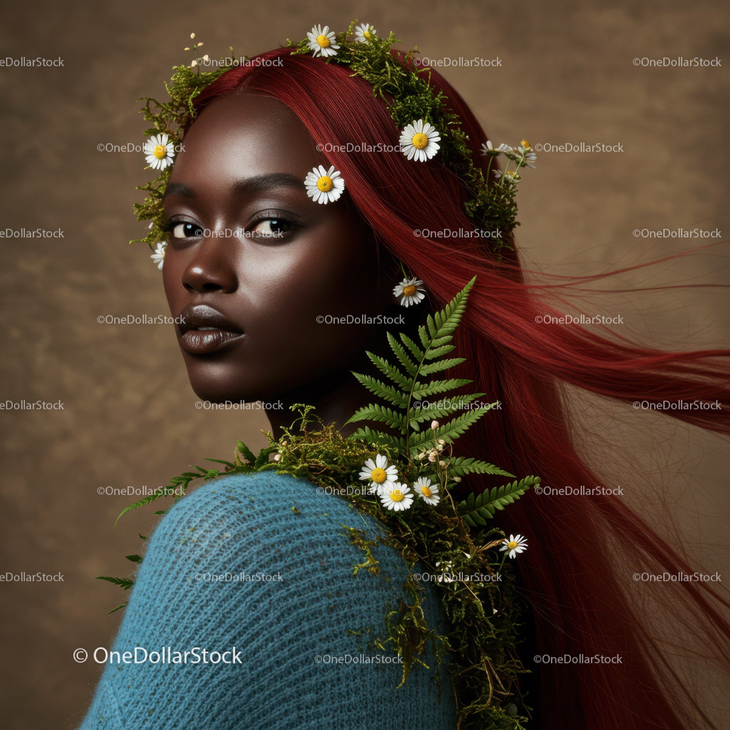 Elegant Portrait of a Woman with Flowing Red Hair and Botanical Accessories