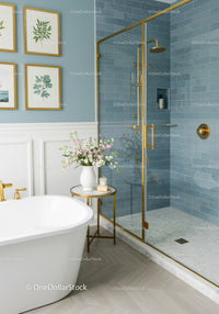 Elegant bathroom with freestanding tub and glass shower