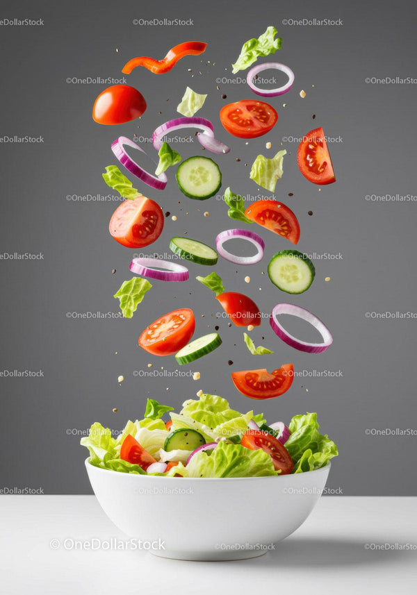 Fresh garden vegetables floating into white bowl salad