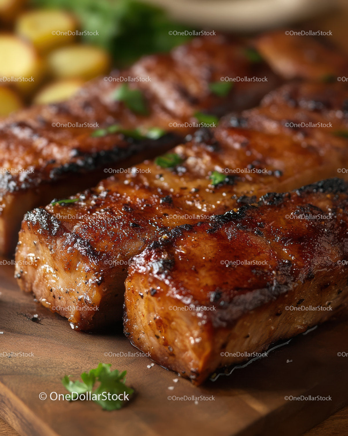 Juicy Grilled Pork Ribs with Glaze on a Wooden Board