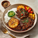 Savory Asian Dish with Rice, Vegetables, and Grilled Plantains