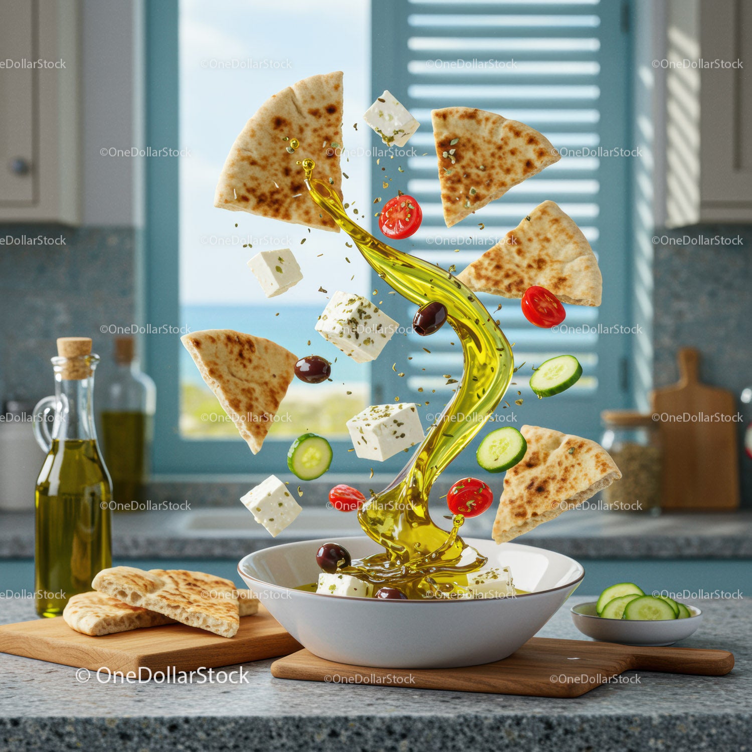 Mediterranean Salad Ingredients Splash with Olive Oil