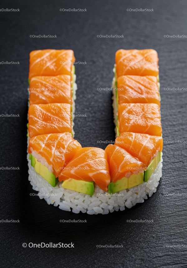 Sushi roll shaped like the letter U with salmon