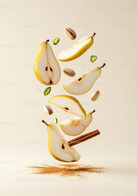 Floating pear slices with cinnamon and pistachios mix