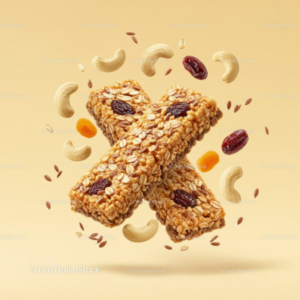Healthy granola bars with nuts and dried fruits floating