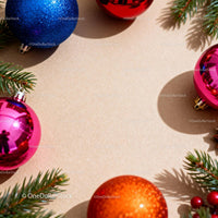 Colorful Christmas ornaments with pine branches frame