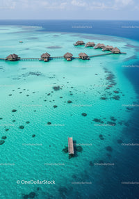 Overwater Bungalows with Wooden Pier in Turquoise Tropical Ocean