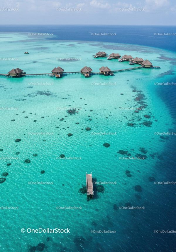 Overwater Bungalows with Wooden Pier in Turquoise Tropical Ocean
