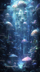 Glowing Bioluminescent Jellyfish in a Mystical Underwater Scene