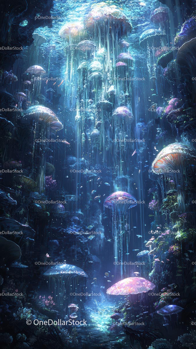 Glowing Bioluminescent Jellyfish in a Mystical Underwater Scene