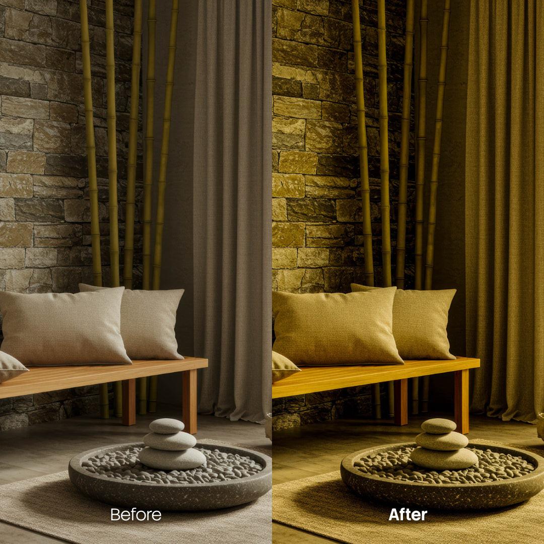 Before and after Dark Interior Lightroom preset edit