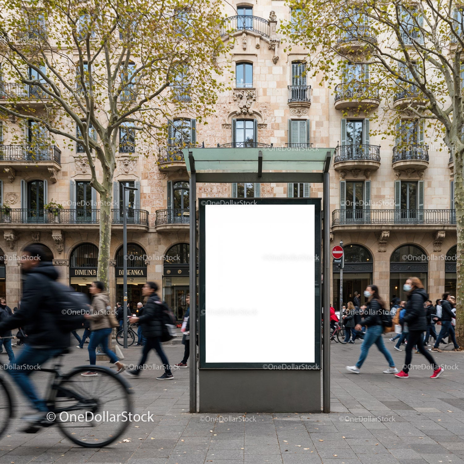Busy urban street scene with blank advertising board