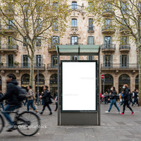 Busy urban street scene with blank advertising board