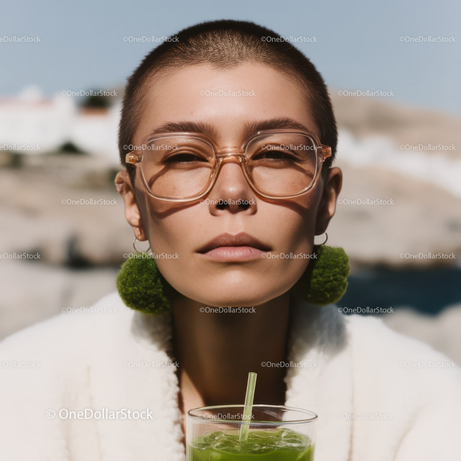 Fashionable Woman with Short Hair Wearing Trendy Sunglasses Drinking Green Smoothie