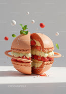 Creative strawberry macaron dessert with cream and mint