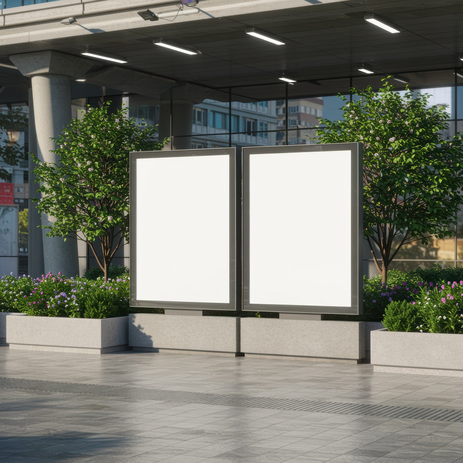 Double blank billboard in modern urban outdoor plaza