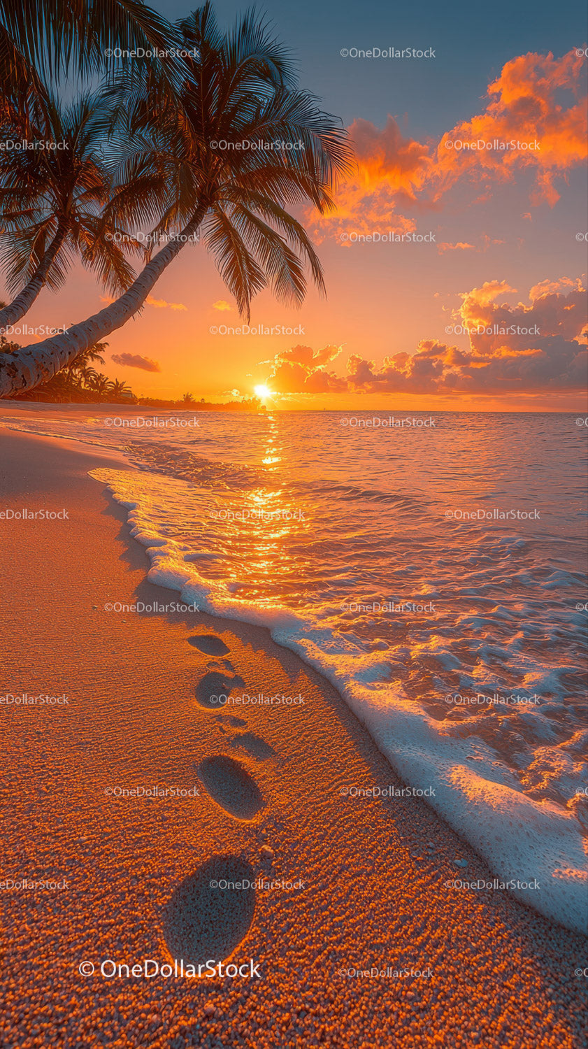 Sunset over Tropical Beach with Palm Trees and Footprints