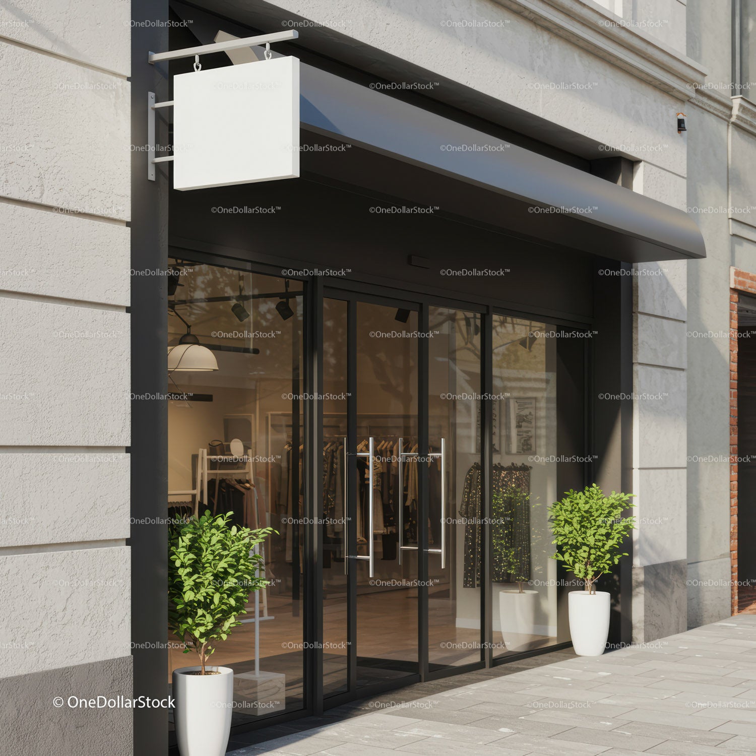 Modern Clothing Store Entrance with Glass Doors and Plants