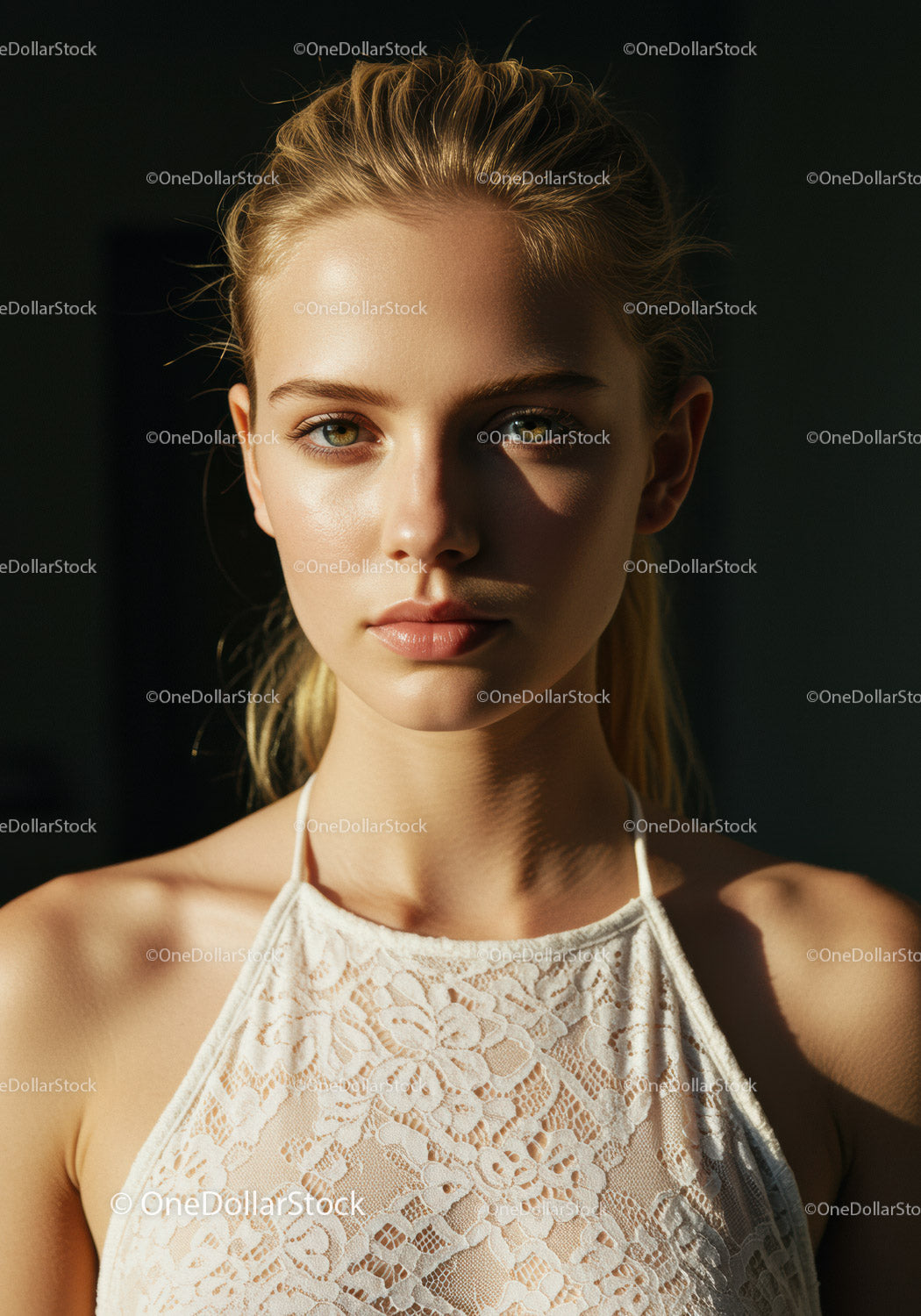 Elegancki portret młodej kobiety w koronkowej bluzce w naturalnym świetle słonecznym