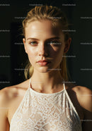 Elegant Portrait of a Young Woman in Lace Top Under Natural Sunlight