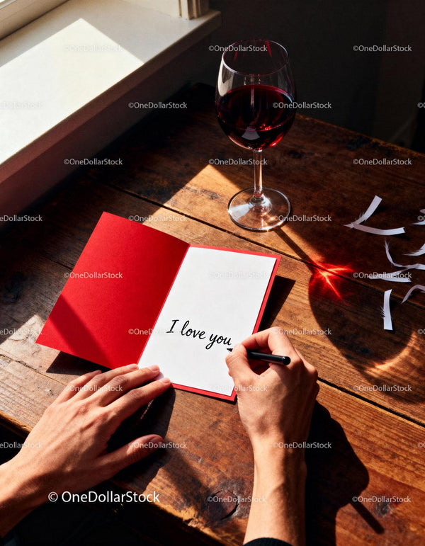 Writing a heartfelt love note by the window with wine