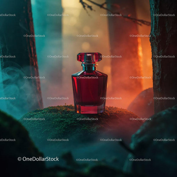 Red Perfume Bottle in Mystical Forest Scene JPG Mockup Image