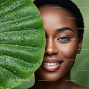 Portrait of a Smiling Woman with Blue Eyes and a Green Leaf