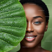 Portrait of a Smiling Woman with Blue Eyes and a Green Leaf